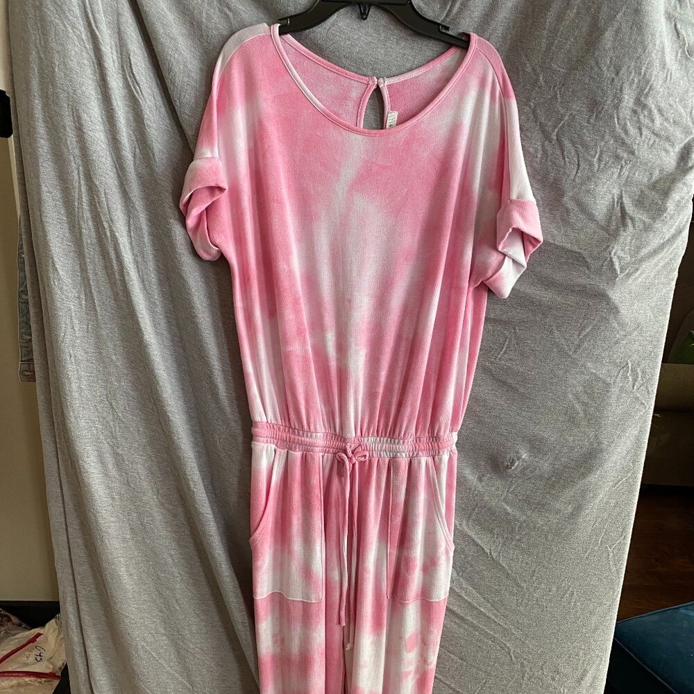 Cherish Apparel Pink Tie-Dye Round Neck Short Sleeve Jumpsuit